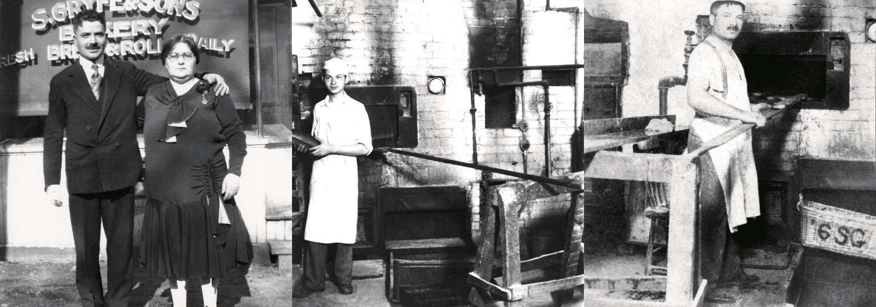 Historical photos of Gryfe's bakery delivery vehicles and storefront