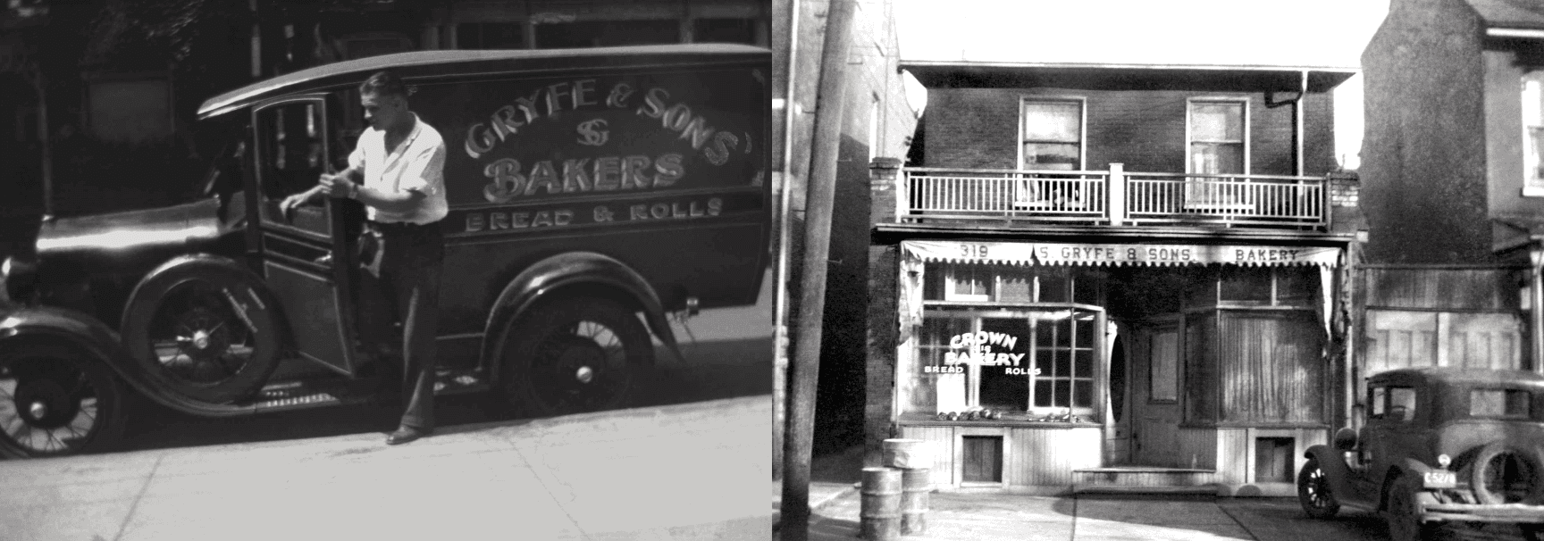 Historical photos of the Gryfe family at the bakery